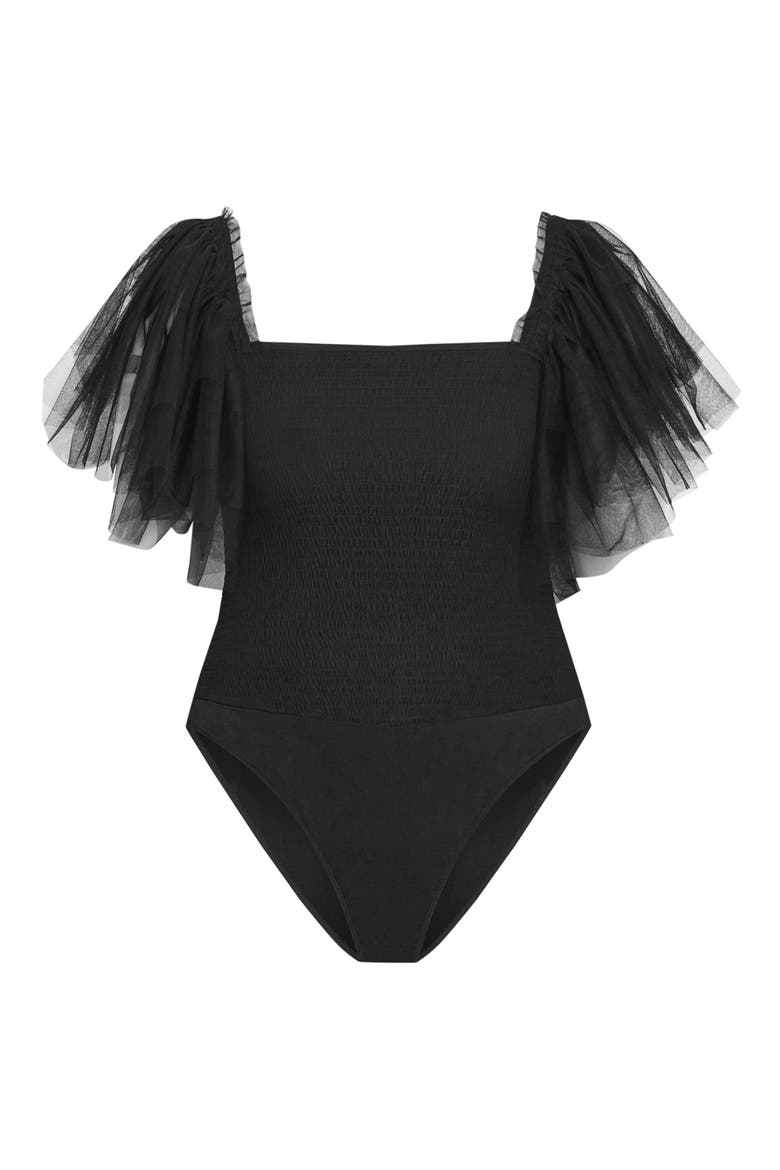 Azariah Shirred Tulle Sleeve Bodysuit, Alternate, color, BLACK