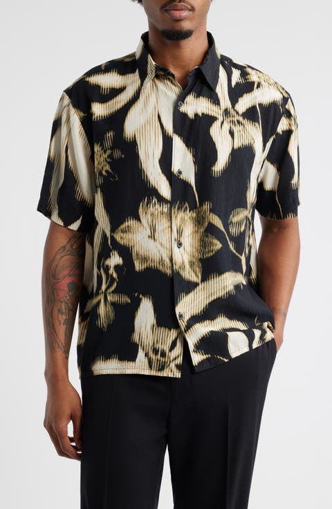 Botanical Print Short Sleeve Button-Up Shirt