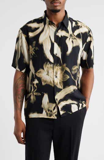 Open Edit Botanical Print Short Sleeve Button-Up Shirt