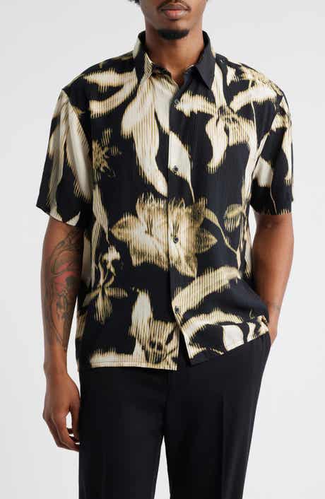 Open Edit Botanical Print Short Sleeve Button-Up Shirt