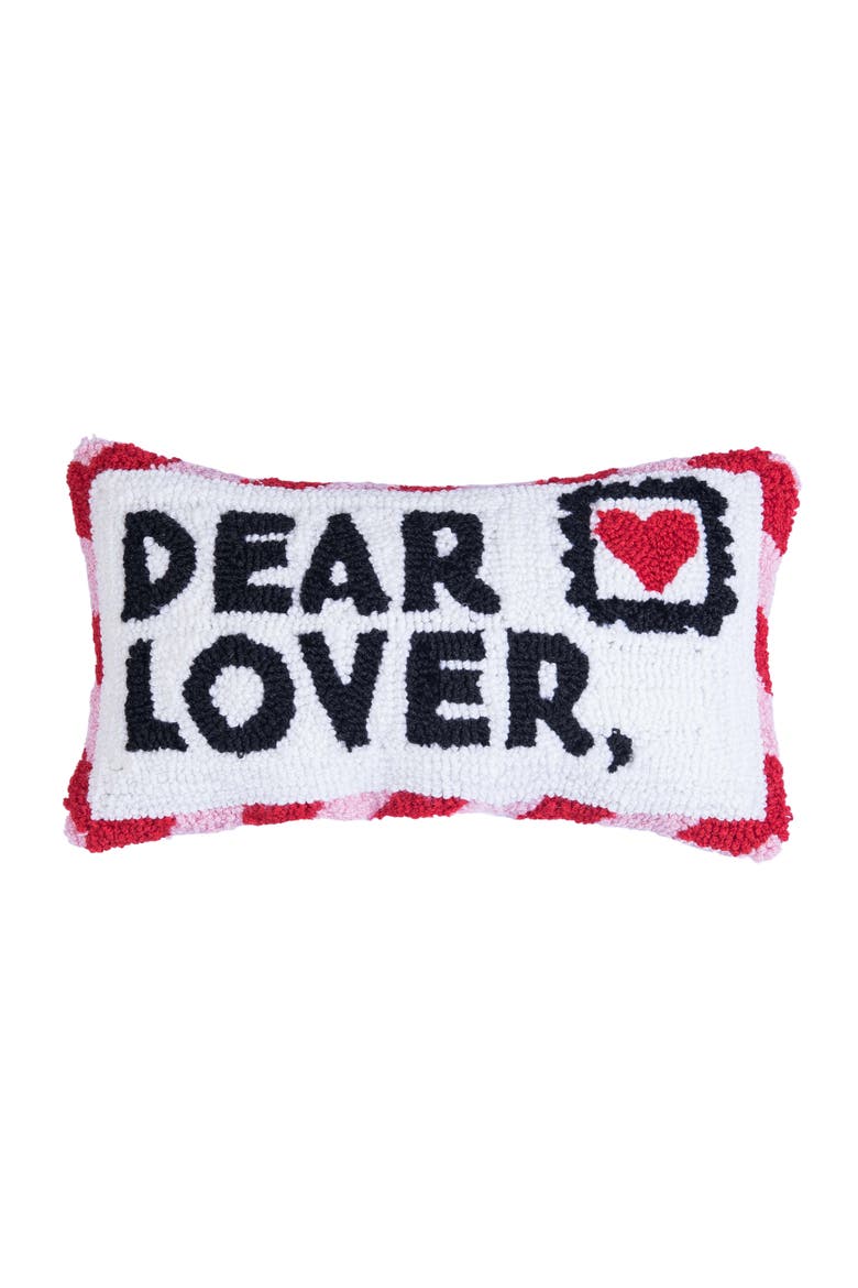 Dear Lover" Love Letter Valentine's Day Hooked Mini Accent Pillow 8" x 14", Main, color, Black