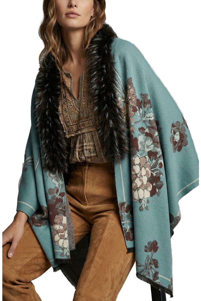Floral Faux Fur Trim Scarf, Main, color, LIGHT BLUE