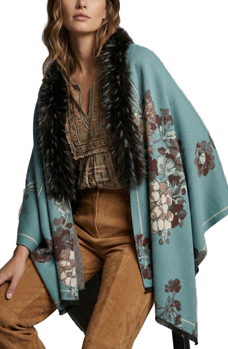 SAACHI Floral Faux Fur Trim Scarf, Main, color, Light Blue