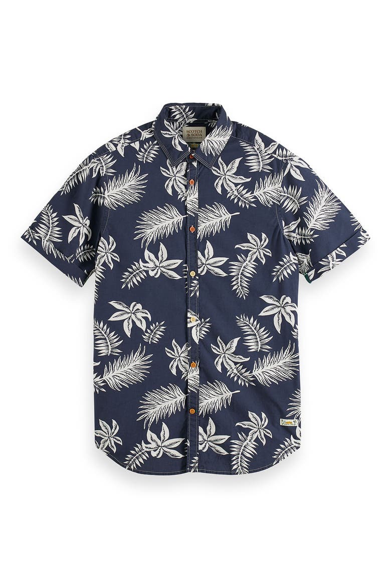 Trim Fit Floral Print Short Sleeve Button-Up Shirt, Alternate, color, 5818-NAVY LEAF