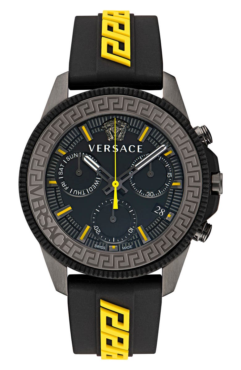 Versace Greca Action Chronograph Silicone Strap Watch, 45mm, Main, color, Gun