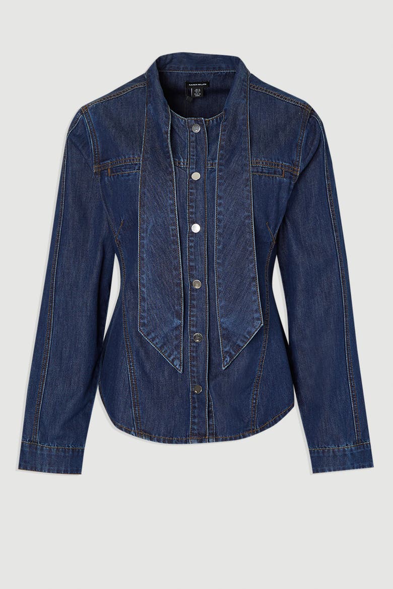 Denim Pussybow Blouse, Alternate, color, Mid Blue