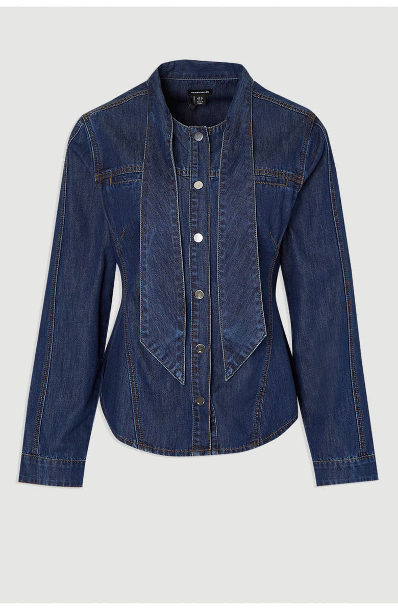 Karen Millen Denim Pussybow Blouse, Alternate, color, Mid Blue
