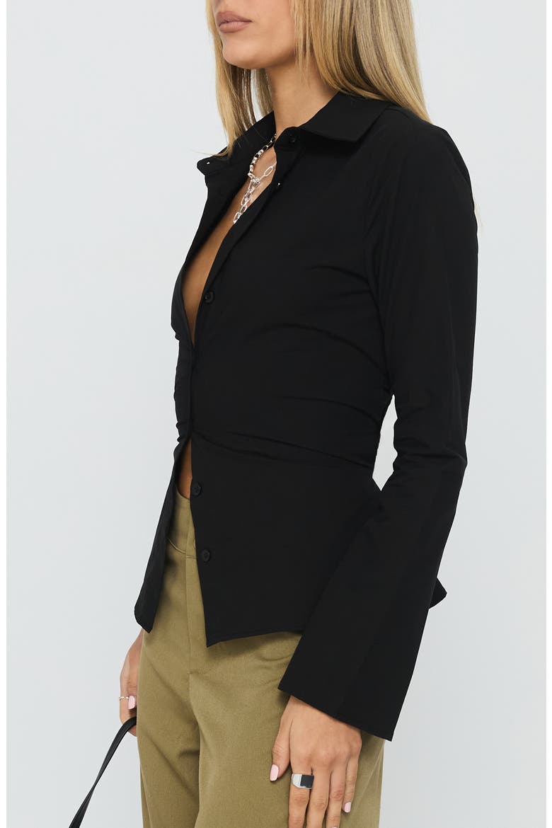 Eryx Tie Back Cotton Button-Up Shirt, Alternate, color, BLACK