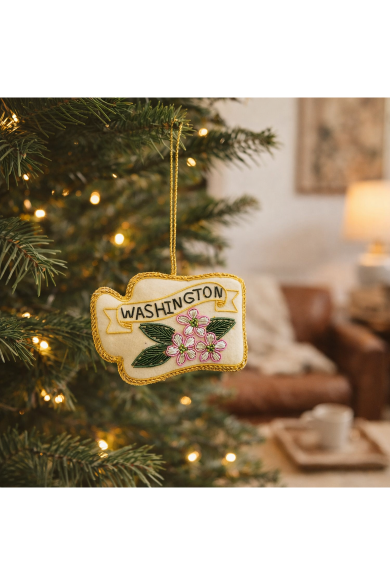 Washington State Rhododendron Beaded Fabric Ornament - Embroidered, Alternate, color, White