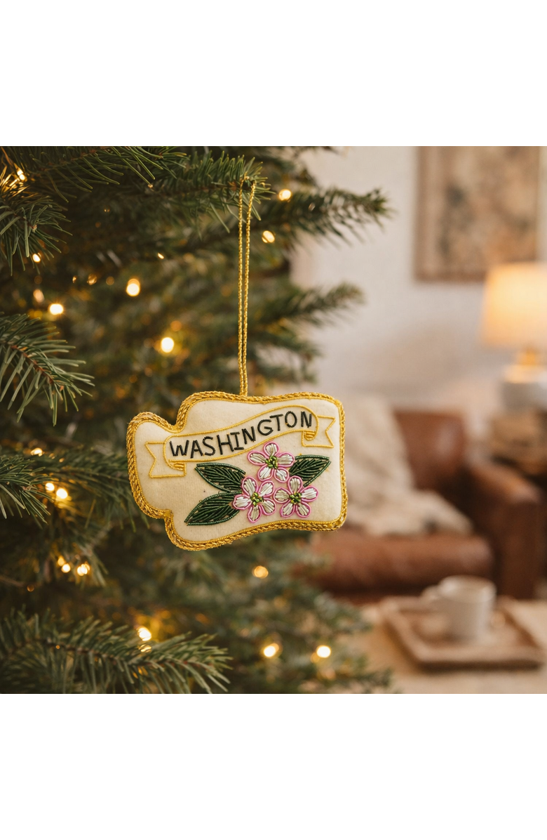 Matr Boomie Washington State Rhododendron Beaded Fabric Ornament - Embroidered, Alternate, color, White