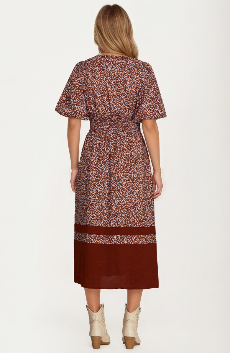 Knit and Lounge Floral Print Zip Front Midi Dress, Alternate, color, Brown / Rust Floral