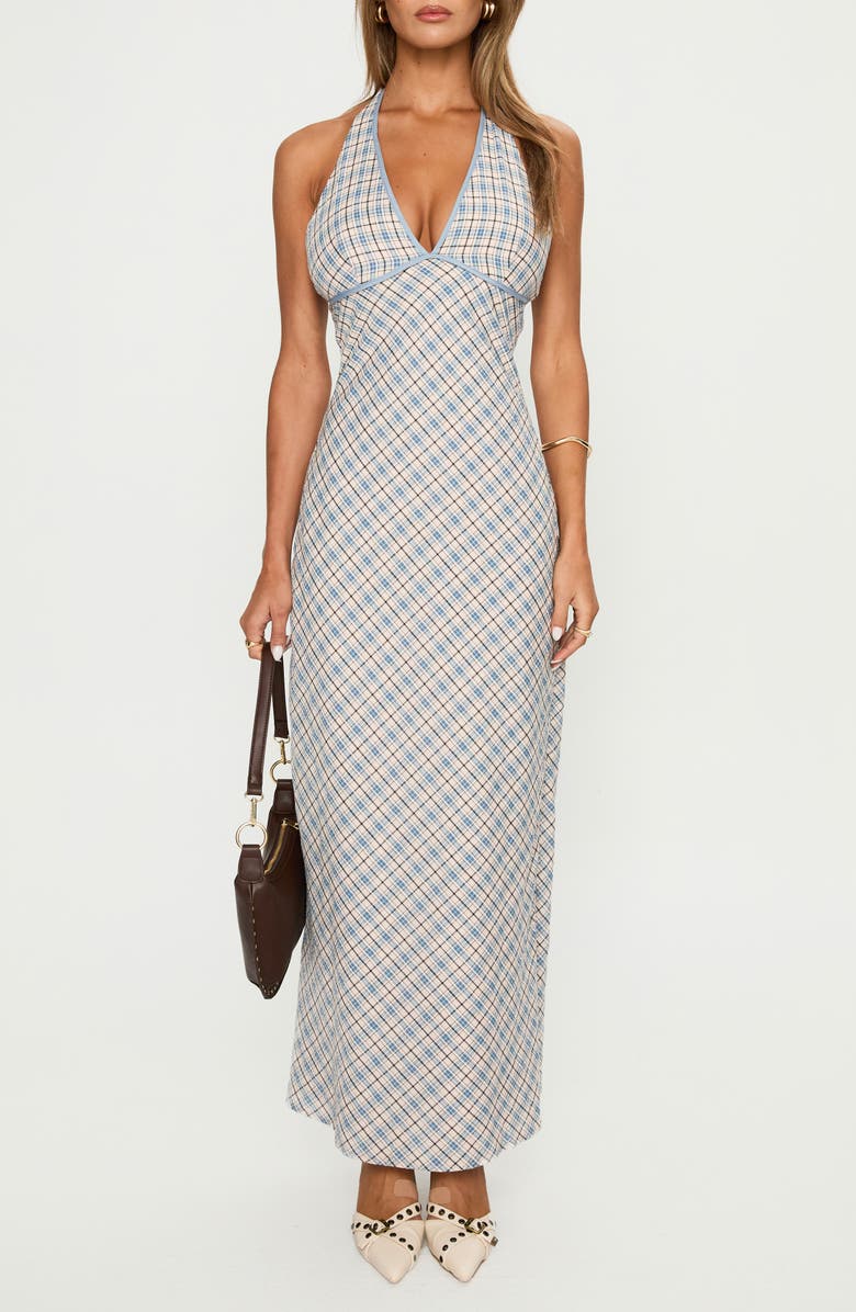 Princess Polly Evienna Check Plunge Halter Neck Maxi Dress, Main, color,