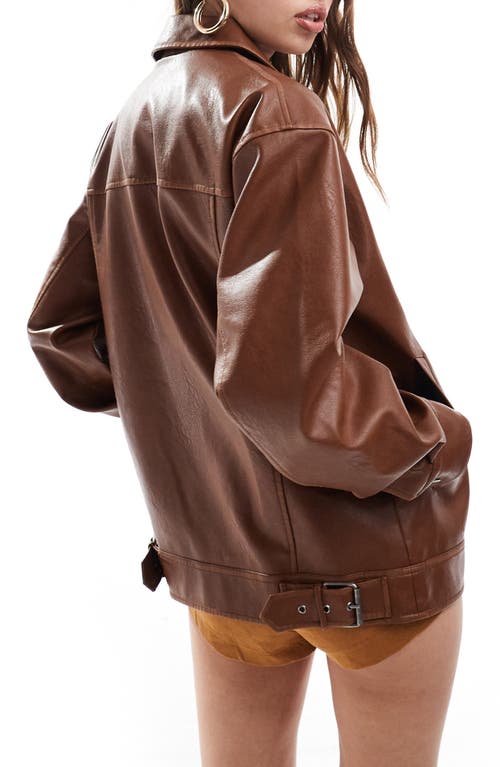 Shop Miss Selfridge Oversize Faux Leather Bomber Jacket In Brown