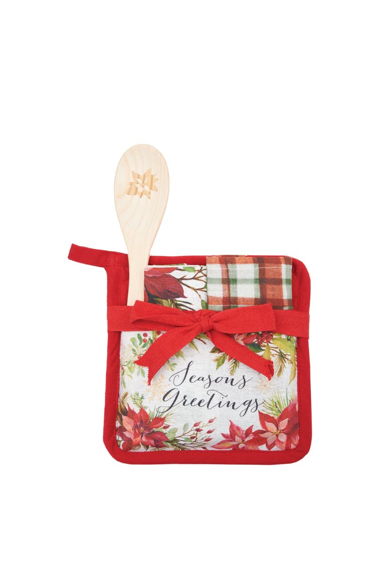 Poinsettia Greetings Potholders Set of 4, Main, color, red
