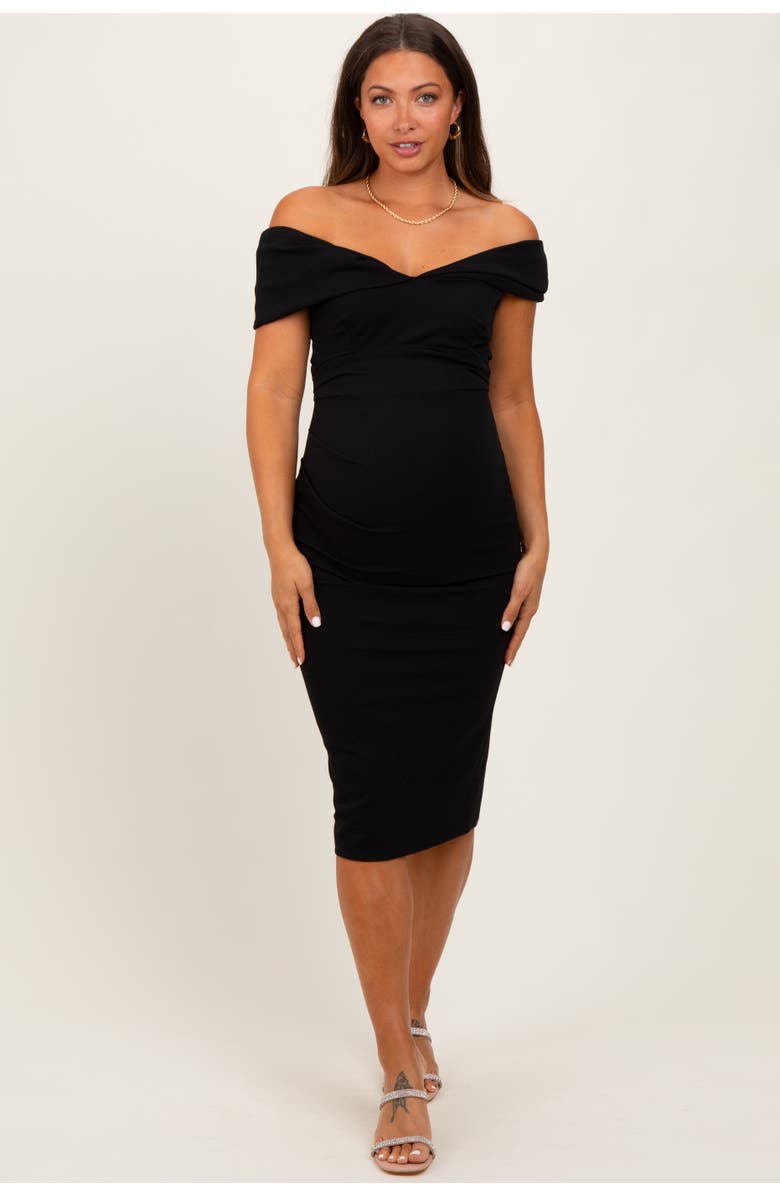 PinkBlush Off Shoulder Fitted Midi Dress, Alternate, color, Black