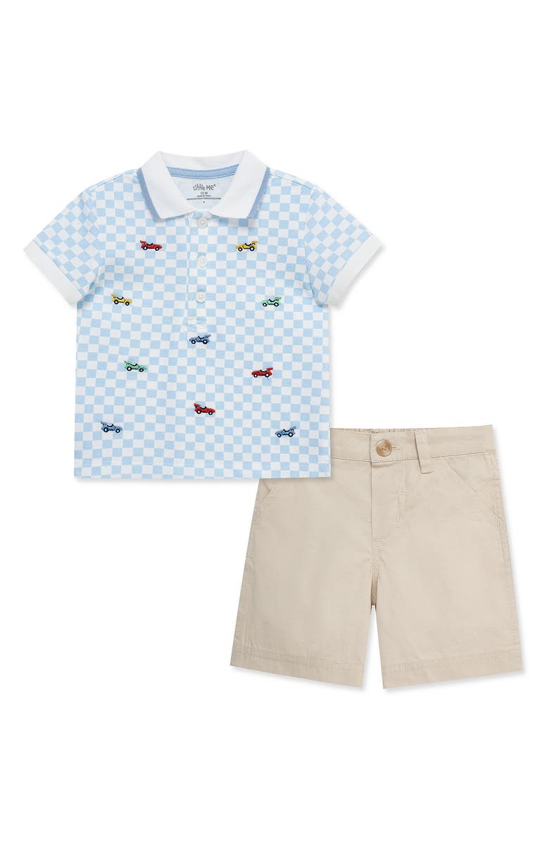 Little Me Race Car Polo & Shorts Set, Main, color, Blue Check