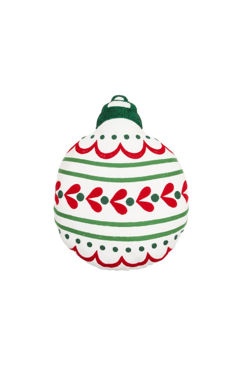 Festive White Christmas Ornament Shaped Throw Pillow 17" x 14", Main, color, Green