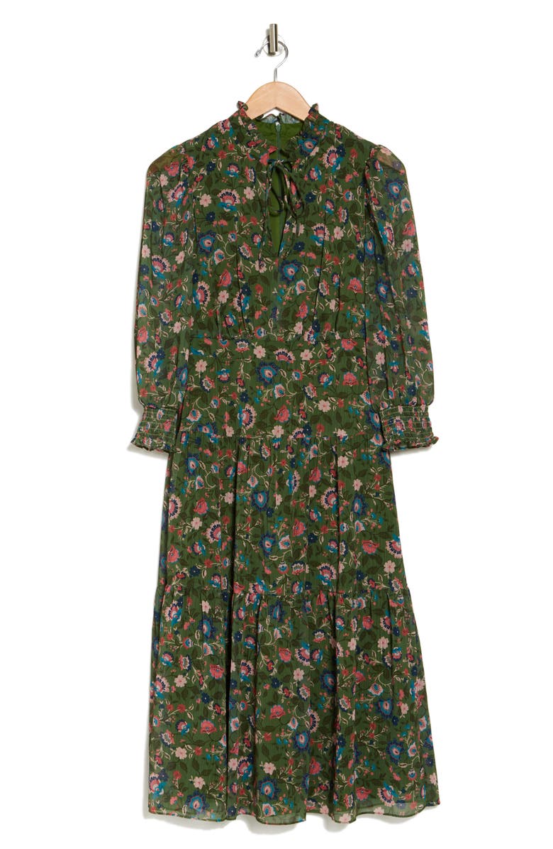 Vince Camuto Floral Long Sleeve Chiffon Midi Dress, Alternate, color, Olive
