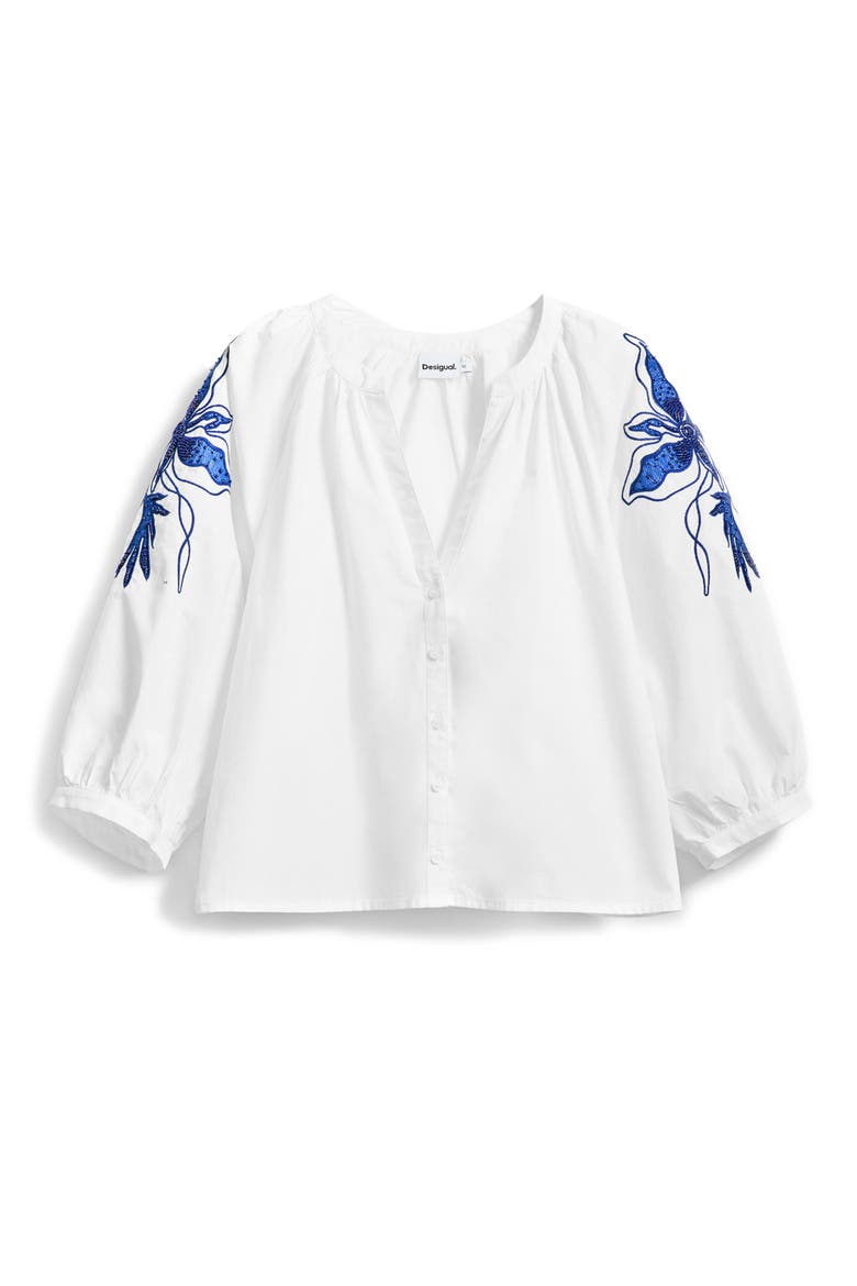 Beaded Puff Sleeve Crop Shirt, Alternate, color, WHITE