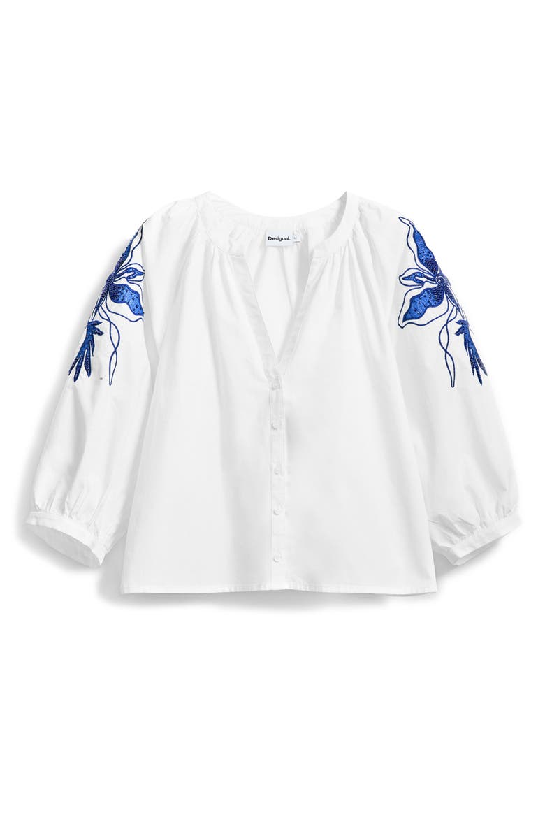 Desigual Beaded Puff Sleeve Crop Shirt, Alternate, color,