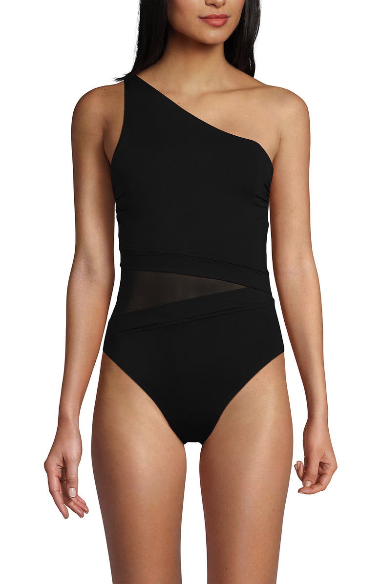 Lands' End Chlorine Resistant Smoothing Control Mesh High Leg One Shoulder One Piece Swimsuit, Main, color, Black