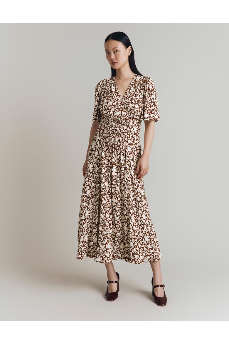 Minnie Crepe Printed Shirred Tea Dress, Alternate, color, Russet Floral