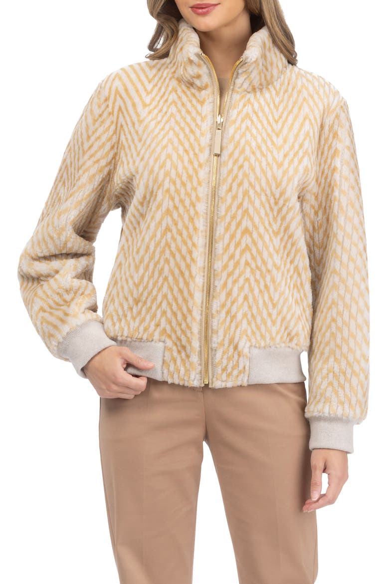 Reversible Chevron Printed Grooved Genuine Shearling Bomber Jacket, Main, color, Cream/Palomino
