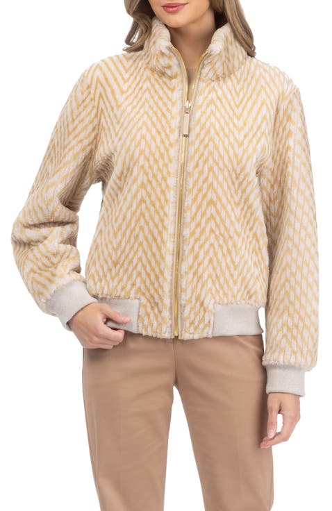 Reversible Chevron Printed Grooved Genuine Shearling Bomber Jacket