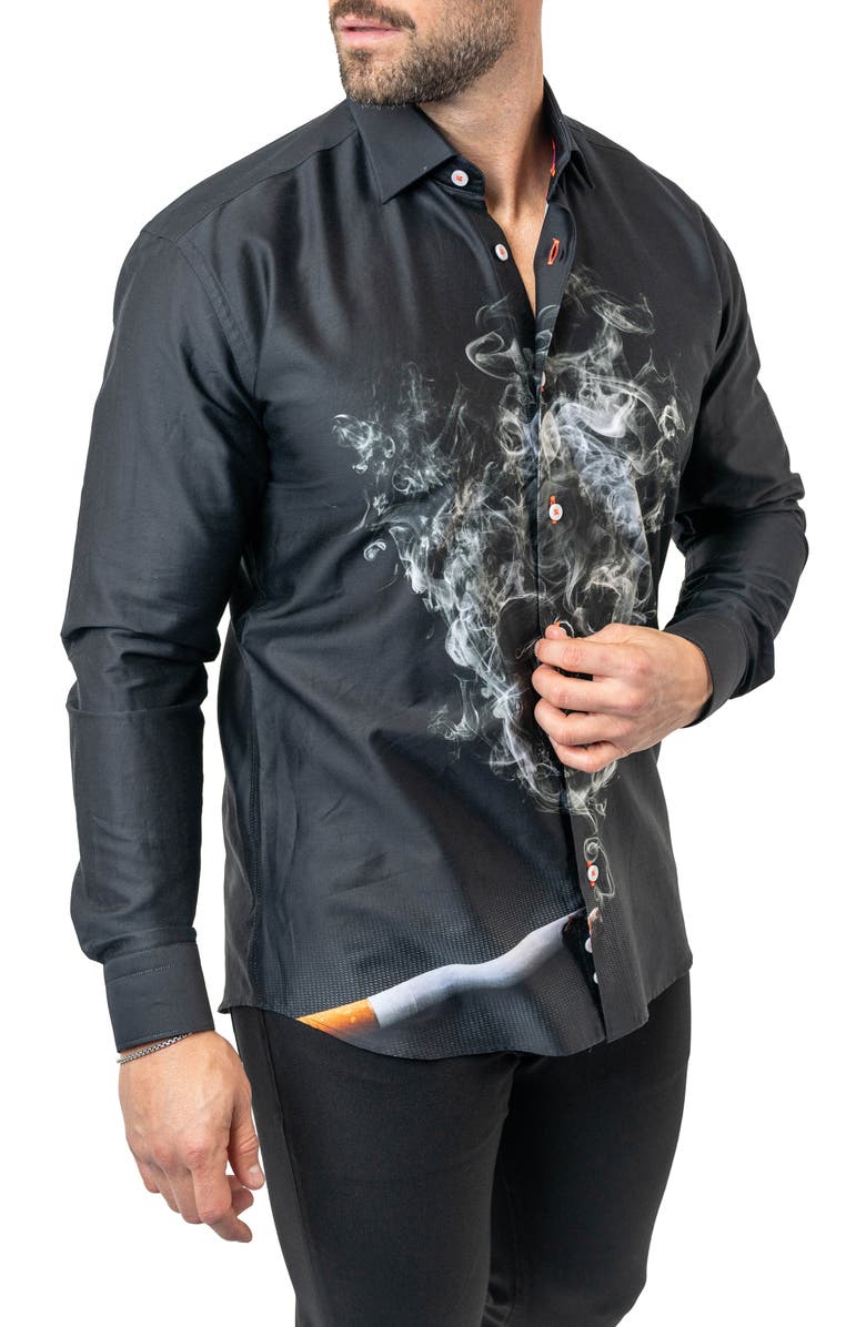 Maceoo Fibonacci Skull Smoke Cotton Button-Up Shirt, Alternate, color, Black