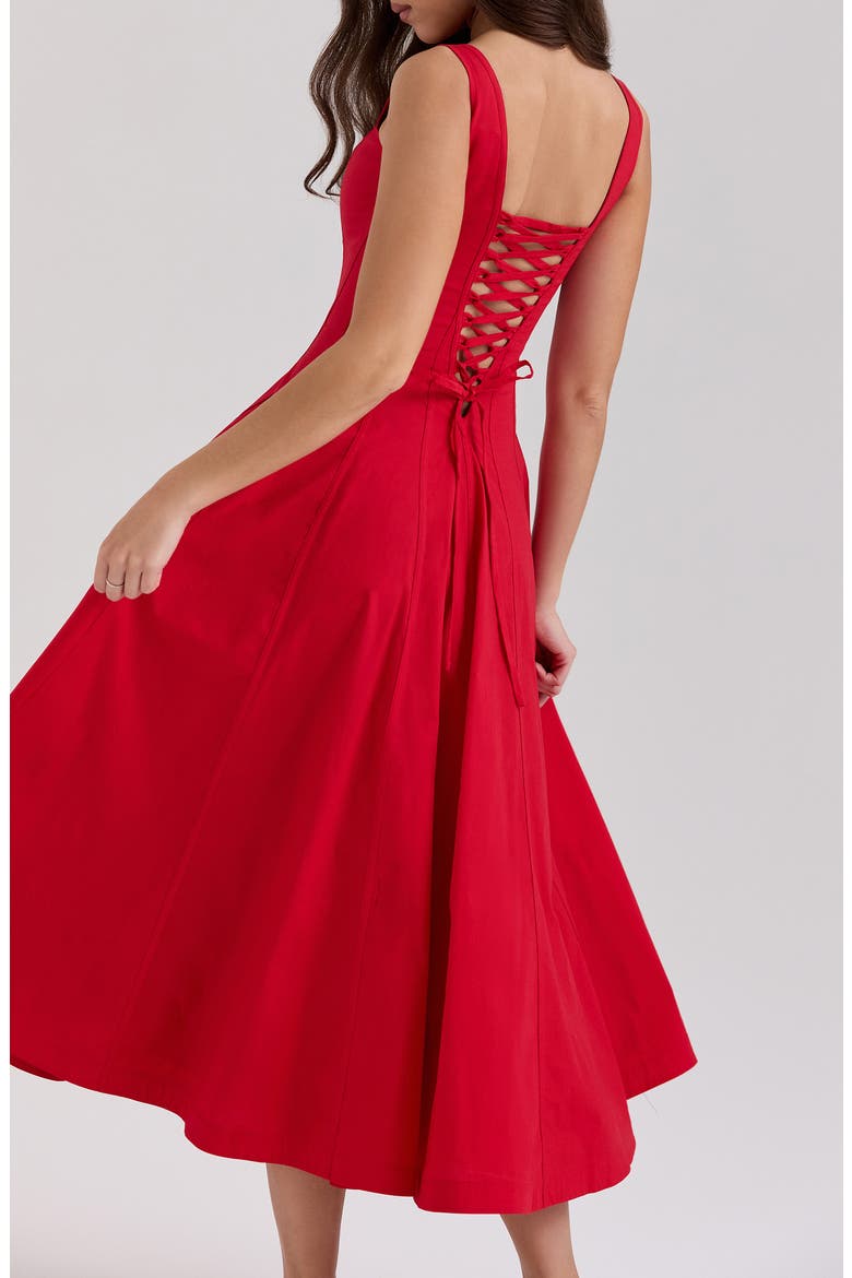 Mariabella Lace-Up Stretch Cotton Midi Dress, Alternate, color, RACING RED