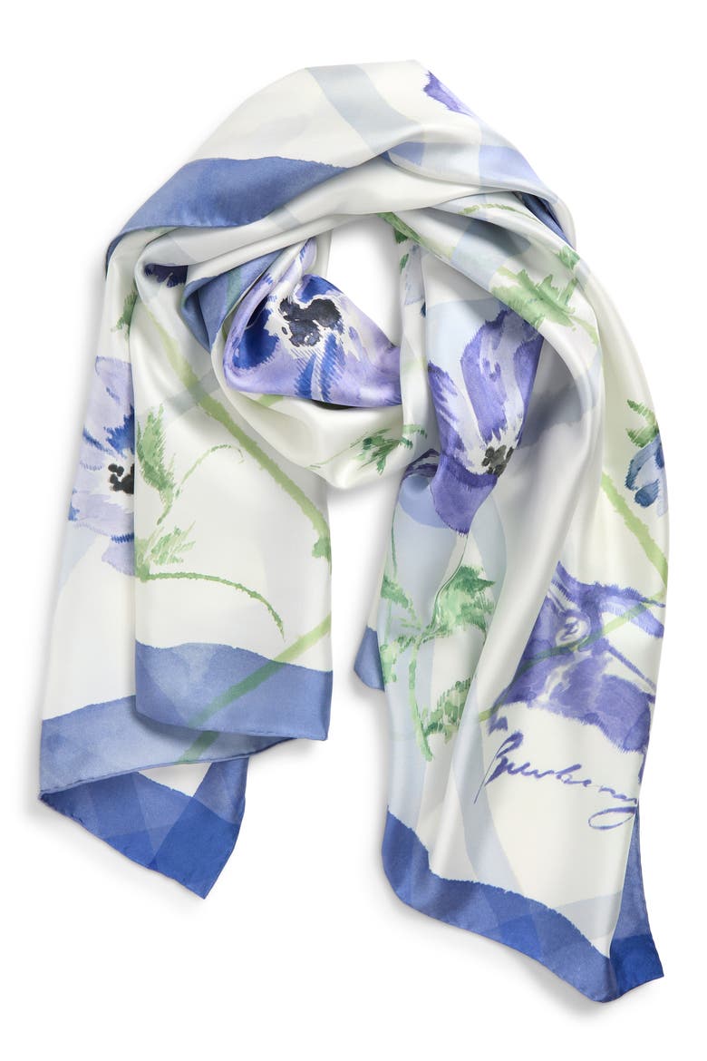 Anemone Watercolor Check Silk Scarf, Alternate, color, CORNFLOWER BLUE