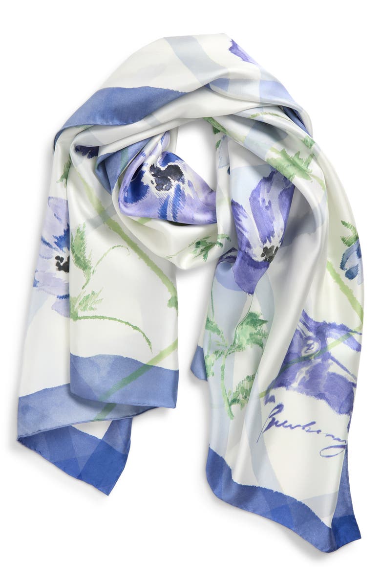 Burberry Anemone Watercolor Check Silk Scarf, Alternate, color, Cornflower Blue