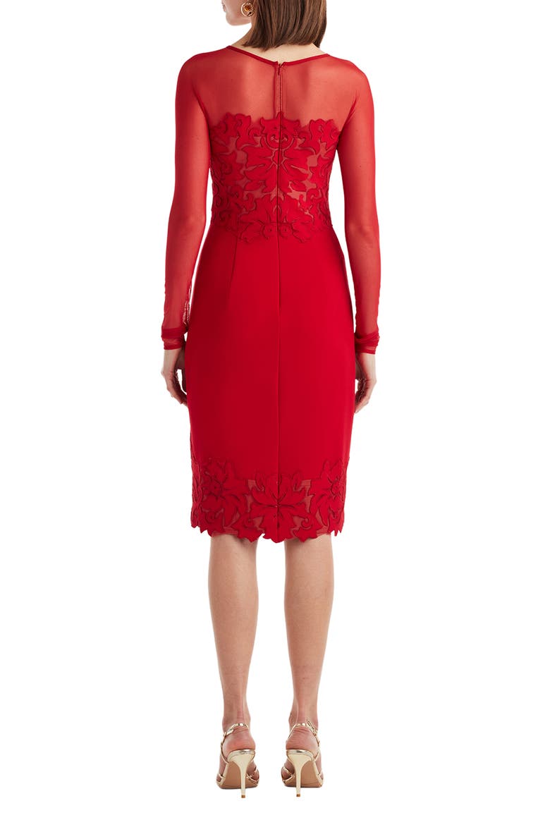 Illusion Neck Laser Cut Long Sleeve Mesh Cocktail Dress, Alternate, color, CHERRY/ NUDE