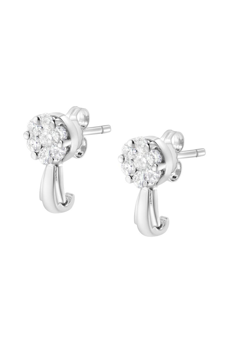 14K Gold 3/4 Cttw Diamond Floral Cluster Drop and Dangle Stud Earrings, Alternate, color, White