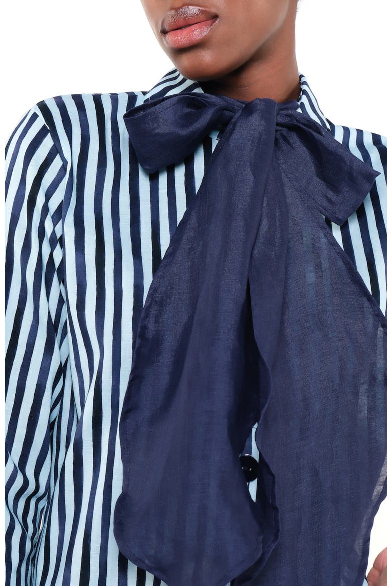 Olivia Tie Neck Linen Blend Shirt, Alternate, color, HERITAGE STRIPES MINI BLUE