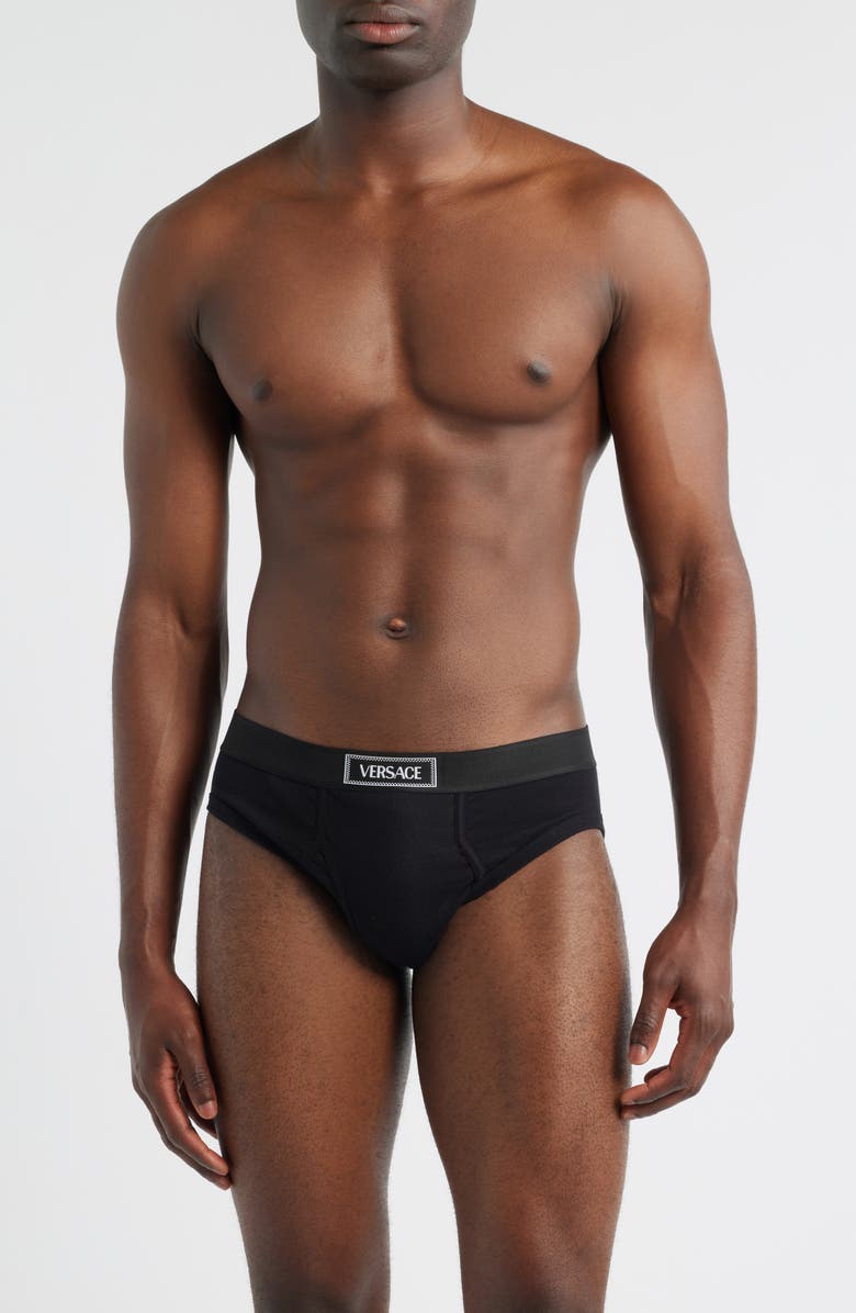 Versace '90s Logo Stretch Cotton Rib Briefs, Main, color, Black