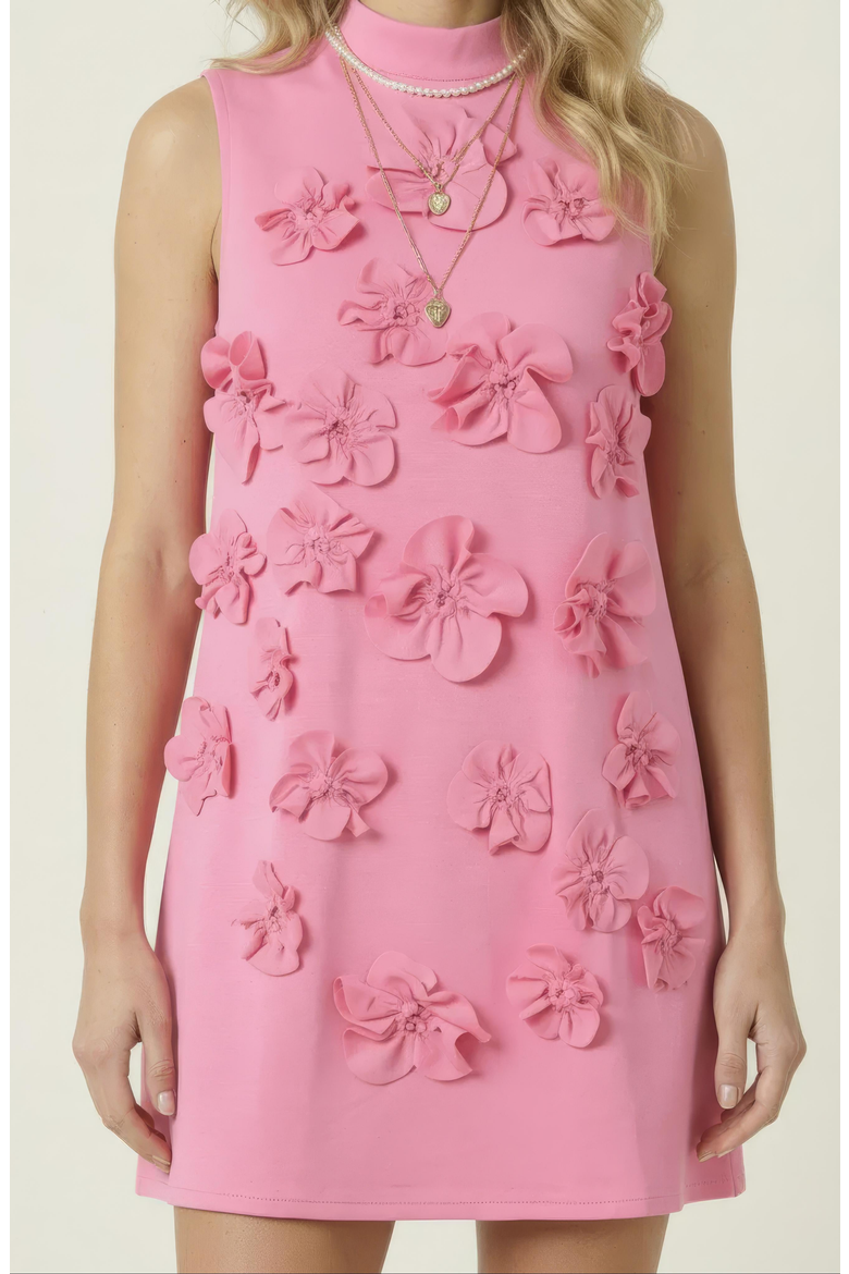 Sleeveless Mini Dress with 3D Floral Applique Detail, Alternate, color, Bubblegum Pink
