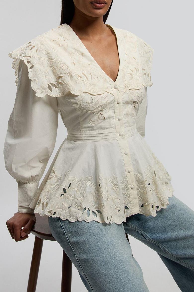 Cutwork Detail V-Neck Peplum Blouse, Alternate, color, Ivory