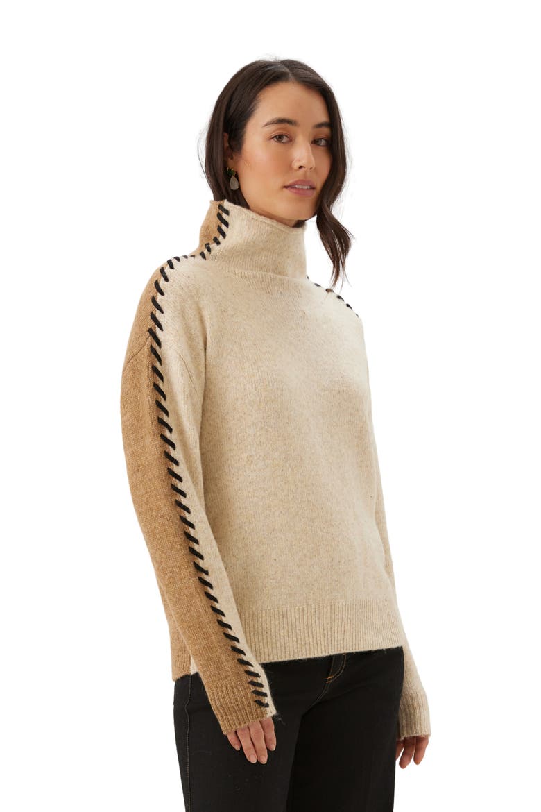 Contrast Stitch Turtleneck Sweater, Alternate, color, OATMEAL/ CAMEL