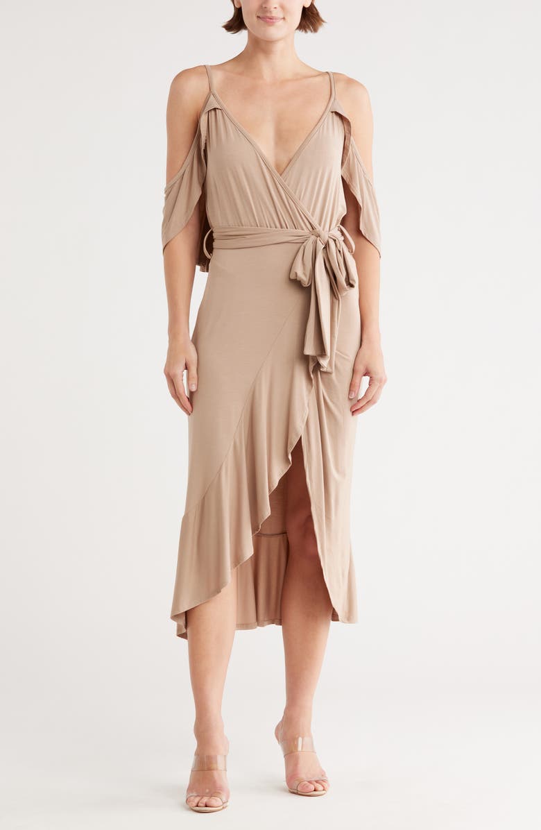GO COUTURE Cold Shoulder Wrap Dress, Main, color, Almond Ponte