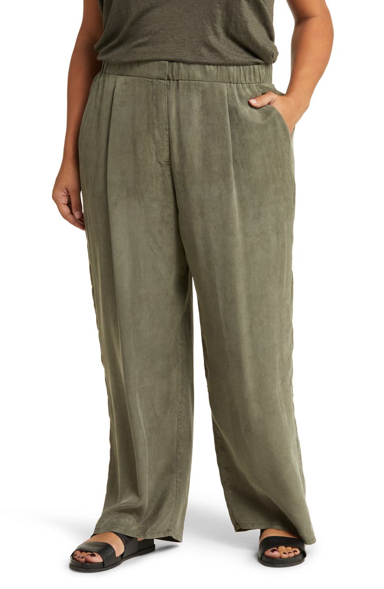 Eileen Fisher Pleated High Waist Pants, Main, color, Grove