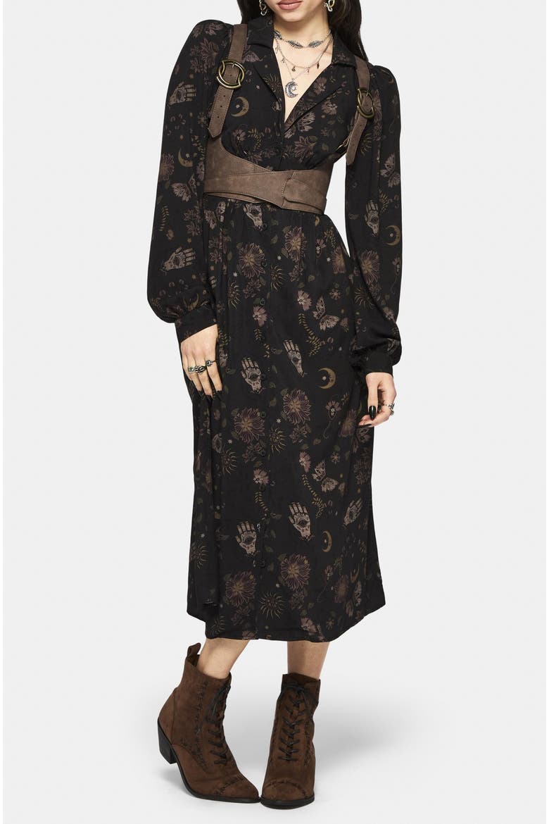 Angela Folk Print Button Up Midi Dress, Alternate, color, Brown