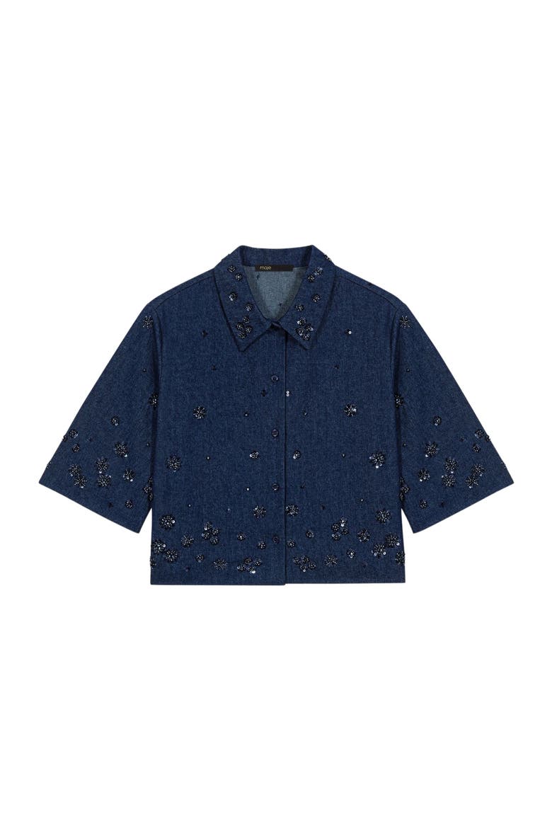 Embroidered cropped denim shirt, Alternate, color, Navy
