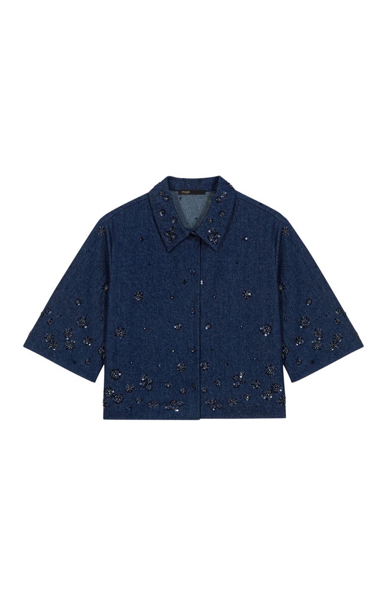 maje Embroidered cropped denim shirt, Alternate, color, Navy