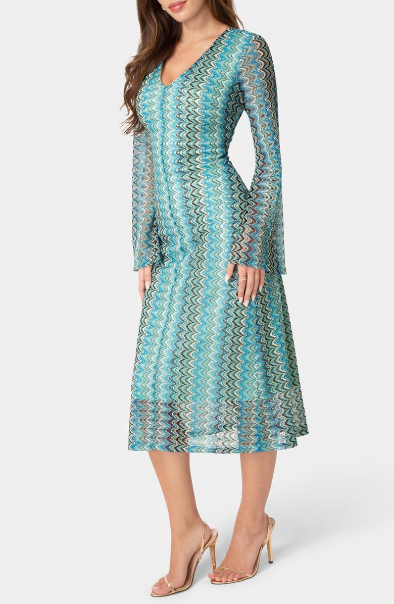 bebe Stripe Print Long Sleeve Midi Dress, Alternate, color, Blue Multi