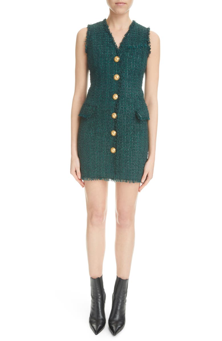 Balmain V-Neck Sleeveless Tweed Dress, Main, color, 
