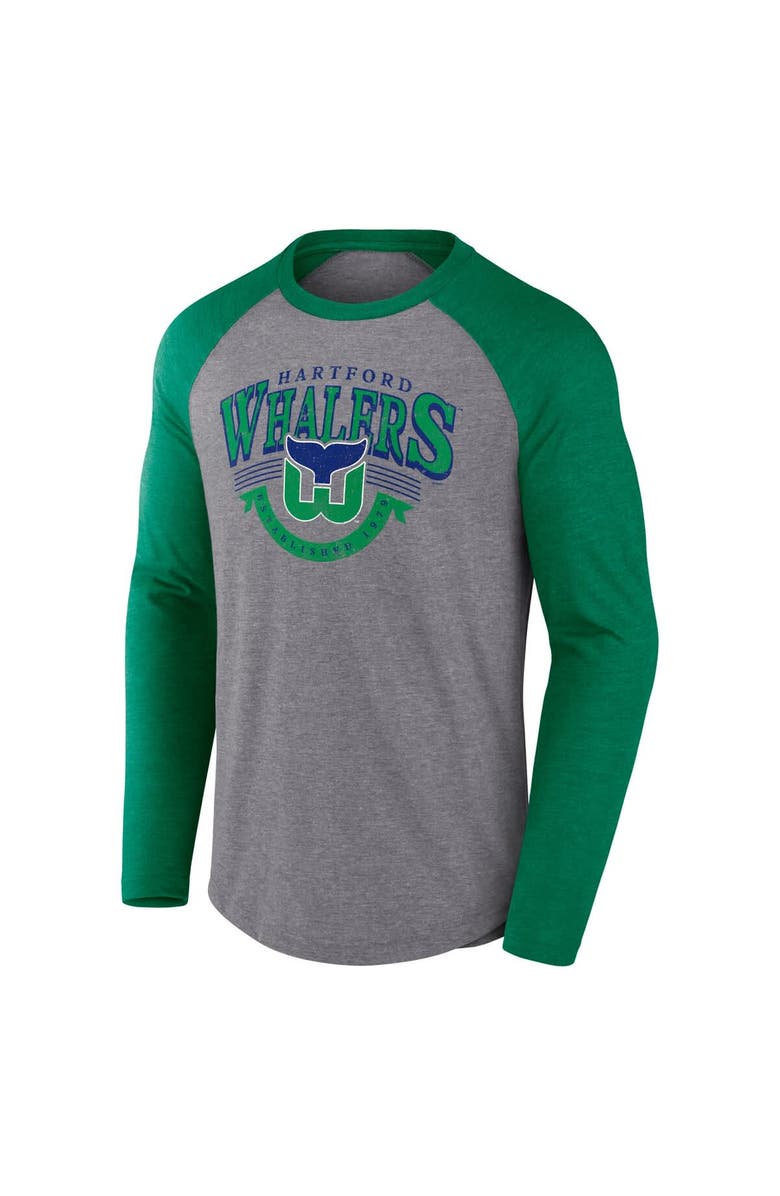 FANATICS Men's Fanatics Heather Gray/Heather Green Hartford Whalers Vintage Hockey Goal Crease Raglan Tri-Blend Long Sleeve T-Shirt, Alternate, color, Heather Gray