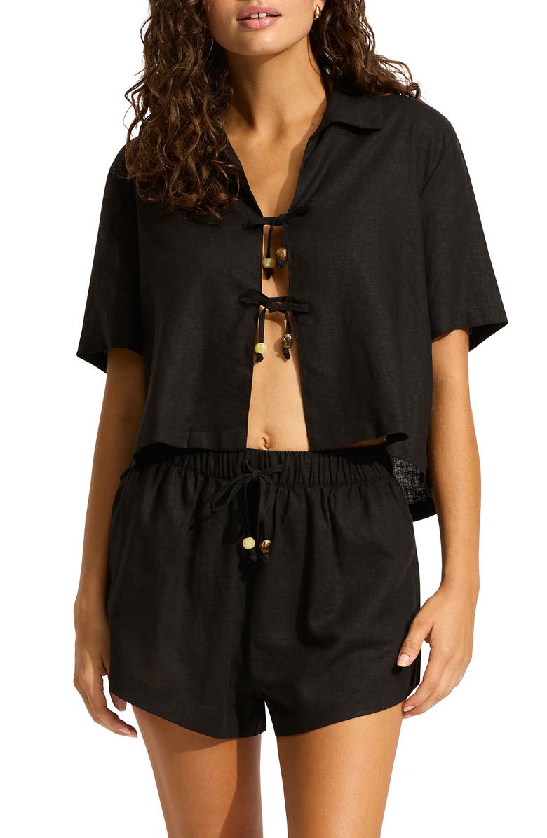 Seafolly Palermo Tie Front Cover-Up Shirt, Main, color, Black