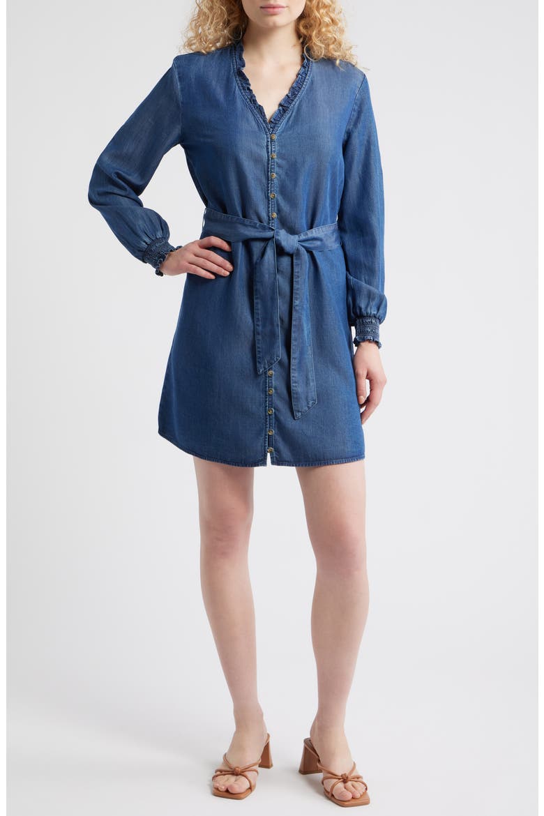 Ruffle Trim Tie Waist Denim Dress, Main, color, DARK TWILIGHT WASH