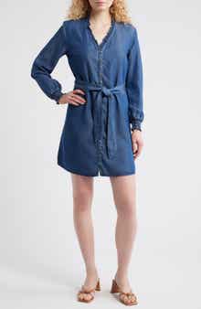 Cloth & Stone Ruffle Trim Tie Waist Denim Dress